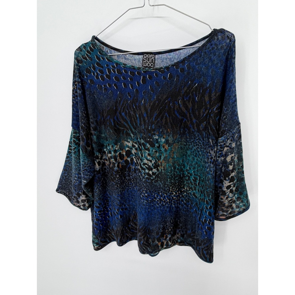 Clara Sunwoo Womens Blouse Mixed Animal Print Blue Size L